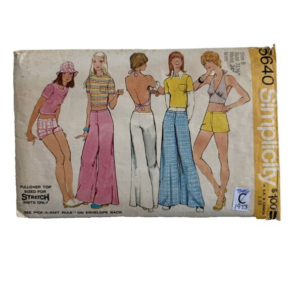 Vtg 70s Simplicity 5640 Halter-Top Bell-Bottom Hip-Hugger Pants Shorts Sz 8 CUT - Picture 1 of 3